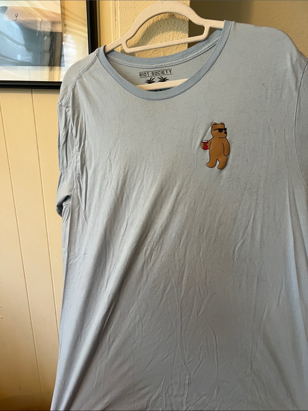 Riot Society Light Blue Tee with Sunglasses Bear Patch